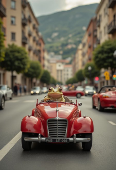 Frog in a tiny car, driving on a toy road, traffic jam with other small animals in cars
,aidmafluxproultra, aidmaHyperrealism, aidmaMJ6.1