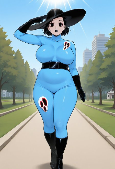 masterpiece, best quality, good quality, <lora:DorodoroIL:1>, Dorodoro, 1girl, no mask, alcina dimitrescu, expressionless, black lips, makeup, plump, large breasts, empty eyes, mature female, hat,
blue bodysuit, black gloves, black belt, black boots, skindentation, 
salute, 
BREAK nature, park, building, blue sky, sunlight, light rays,