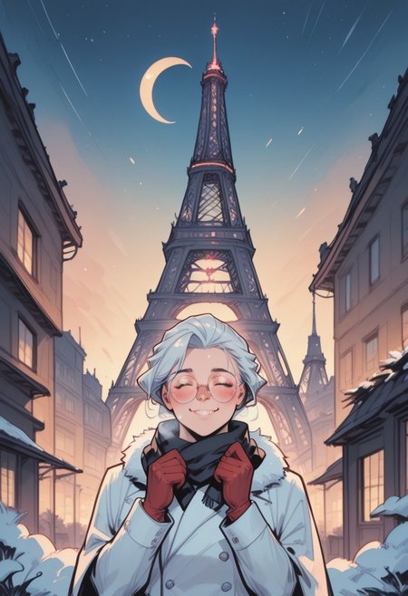 commix style, zPDXL3, PnyCmicXLPOS, score_9, score_8_up, score_7_up, masterpiece, best quality, absurdres, vibrant, highly detailed, very aesthetic, full front, from below, mature, stunning, 1girl, solo, saihoutakenoue, fluffy black scarf, long white winter coat, red gloves, fluffy gloves, glasses, standing, (cold, flushed cheeks, red nose, breathing effects:1.2), closed eyes, smile, teeth, hands on scarf, adjussting scarf, outdoors, night, snowing, Paris, (Eiffel Tower:1.5), Champ-de-Mars, city lights, (crescent moon:1.4)