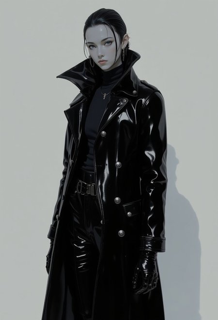 Stylized model in a monochrome fashion ensemble, dressed in a sleek black trench coat with exaggerated lapels and a high collar, giving off a confident, edgy vibe. The coat features intricate detailing with silver buttons and subtle texturing. Beneath, the model wears a fitted black turtleneck, paired with tailored black trousers, emphasizing sharp, clean lines. The outfit is completed with glossy black boots, catching the light in a high-contrast, minimalist setting. The overall look is bold and dramatic, with the model’s intense gaze and strong jawline highlighted by cinematic lighting, adding depth to the monochrome aesthetic