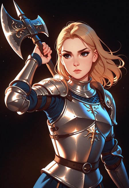 Tsuaii, flat colors,high detailed, high quality, masterpiece, 
 1girl, upper body, (black background), dynamic lighting, standing, holding an axe, battle stance,
simple steel breastplate, medieval, knight, full plate armor,