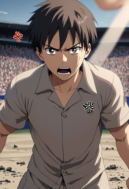 high resolution, solo, best quality, 1Boy, Takaki Toono, Brownish Hair, Brown Eyes, anger, fight, OverallDetail