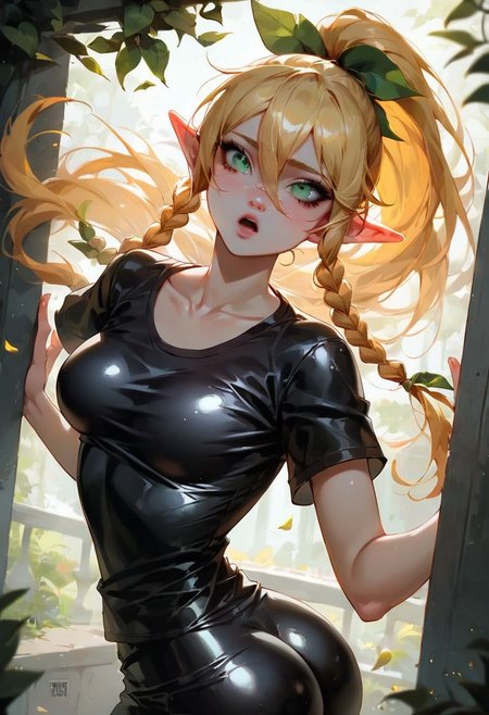 (masterpiece, best quality), 1girl, collarbone, {leafa, green eyes, blonde hair, ponytail, long hair, hair between eyes, bangs, twin braids, pointy ears,((black lather jacket,black latex t-shirt))
score_9, score_8_up, score_8_up, layering, 1girl,  exposed, large soft breast, slender body, ultra detailed,(g0thicPXL:0.3), <lora:g0th1cPXL:0.3>, cover,  exaggerated proportions, long hairs , blond hair, medium breasts ,large elastic buttocks, round bubble ass,  (ultra wide angle shot:0.65), shallow depth of field, smooth skin texture, alluring curves, tasteful sensuality, softcore, Expressiveh