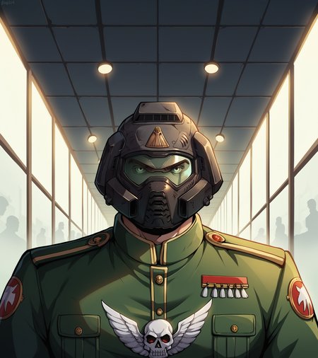 score_9, score_8_up, score_7_up, score_6_up BREAK doomguy, 1boy, helmet, muscular,helmet, male focus,solo,  warhammer style,Warhammer 40000,edgCommissar, uniform, epaulettes ,wearing edgCommissar,skull emblem,millitary uniform, faceless male, dynamic pose, grim darkness, gritty, dark corridor, metal walls, steel beams, pipe, wires, science fiction, red and green glow, <lora:epic_anime_scenery_v0_1:0.5> <lora:Pony_DetailV2.0:0.5>  <lora:edgWar40kCommissarv1:1> <lora:doomguy-v1_pdxl:0.7>