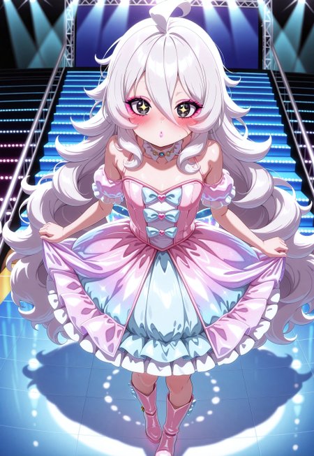 1girl, masterpiece, best quality, absurdres, Shadwo, black eyes, white hair, grey hair, very long hair, messy hair, hair between eyes, ahoge, sparkling eyes,
lipstick, pastel eyeshadow, blush, pastel makeup, cute makeup,
pastel theme, beautiful lolitafashion boots, glossy pastel intricate multilayered sweet lolitadress, lolitafashion, sparkling holographic fabric, frills, lace,  
girl focus, cute lolitaboots, boots with bows, fashion show, catwalk,
intricate, highly detailed, majestic, very aesthetic