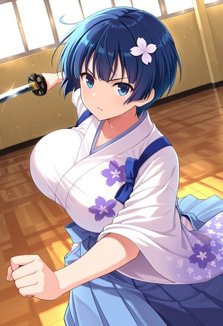 general,highres, ultra-detailed,very aesthetic,best quality ,best hands,best eyes,easynegative,
dynamic anglre, dutch angle, anime cloring,
1girl solo,looking at viewer,school,weapon,fighting, 
Yozakura,blue_eyes, blue hair, short_hair, hair_ornament, huge_breasts,Japanese clothes,