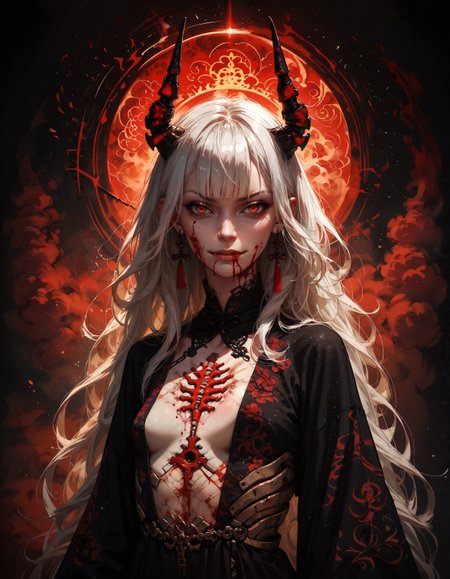 score_9, score_8_up, score_7_up, score_6_up, score_5_up, score_4_up,  (kanji, chinese characters:1.2), demon, cyberdemon, black horns, black scales, fiery glow, embedding:zPDXL, 1girl, (evil smirk:1.2), solo, small breasts, very long hair, bangs, simple background, white hair, red eyes, black cloth, bloody eyes, closed mouth, weapon, black, evil, horror, (blood:1.1), blunt bangs, medium hair, floating hair, black background, science fiction, android, cable, mechanical, cyborg, robot joints, mechanical parts, tube, spine
