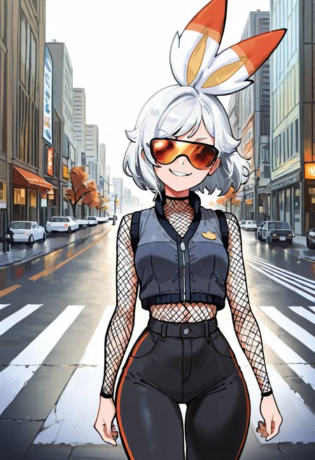 masterpiece, best quality, 1girl, solo,   [Flare Fit Drop], zzScorbunny, short white hair, wind-swept bangs, 1girl, solo, cropped puffer vest, long sleeve mesh top, joggers with reflective stripes, orange-tinted shades, city crosswalk, late afternoon haze â zzScorbunny struts through a busy crosswalk, her cropped vest catching the sun as orange-tinted shades hide her smirk. Mesh sleeves ripple with every step, and joggers flash silver reflections as horns blare and pedestrians hustle. Sheâs not rushing â sheâs burning her own trail.  ,<lora:ScorbunnyPokedex_IXL:1.0>,