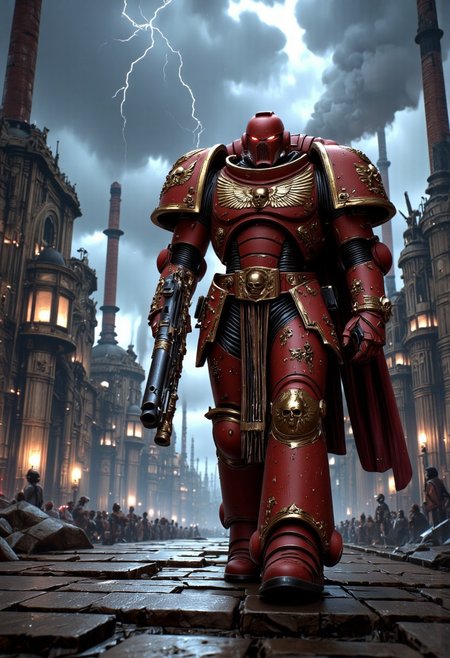 (score_9, score_8_up), score_7_up,  <lora:PonyAlphaL40k:1> AlphaL40k, wearing power armor, holding a rifles, helmet, cape on his back, A hulking Armor Warrior, inspired by the might of a Space Marine, strides through a smog-choked industrial dystopia. Clad in a fusion of ornate Victorian armor and an industrial-powered exoskeleton, the warrior exudes a blend of old-world grandeur and brutal efficiency. Behind, an industrial city looms—towering smokestacks and crumbling Victorian structures stretch into the stormy sky. Massive iron machines belch smoke as lightning dances among the clouds. The Armor Warrior stands as a sentinel of this dystopian world, embodying the brutal union of flesh, machine, and divine power in a time when technology and the gods are inseparable.