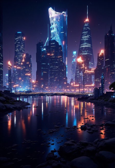abstract oil painting, gradient vibrant neon colour, rough, textural, broad brush strokes, a futuristic sci-fi city with tall, perfectly reflected in a tranquil, still lake, at night, surreal colours, detailed night sky with stars and nebulas, mythp0rt