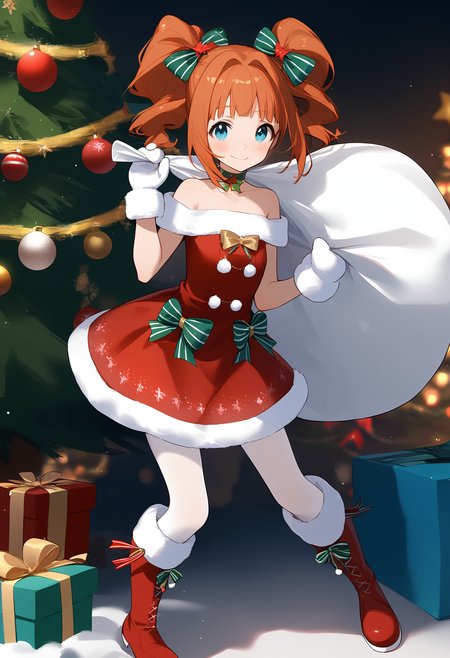 1girl,
takatsuki yayoi,


solo, twintails, christmas tree, white mittens, aqua eyes, bare shoulders, christmas ornaments, hair bow, off shoulder, holding, strapless dress, boots, fur-trimmed boots, choker, red bow, white pantyhose, dress, blush, red dress, strapless, gift, holding sack, green bow, pantyhose, hair intakes, mittens, red footwear, fur trim, short hair, full body, christmas, star \(symbol\), bow, smile, off-shoulder dress, closed mouth, orange hair, looking at viewer, sack, knee boots, short dress, standing, over shoulder,

sfw
<lora:a31_char_new_takatsuki_yayoi:1> <lora:a31_style_koni-000010:0.8>
