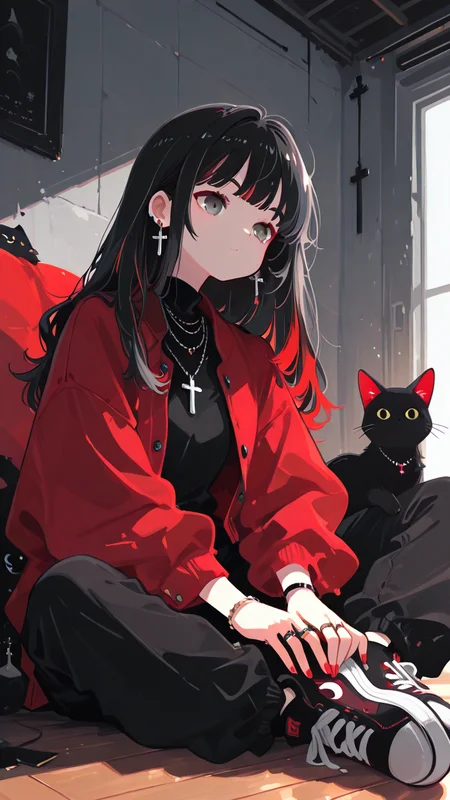 masterpiece, best quality, good quality, newest, highres, absurdres, flat, minimalist style, 1girl, jewelry, earrings, cat, ring, sitting, bracelet, solo, jacket, pants, long hair, shoes, cross, black hair, red jacket, necklace, red nails, animal, nail polish, bangs, sneakers, closed mouth, shirt, grey eyes, black shirt, multicolored hair, indoors, black pants <lora:TQ_Iridescent_Fantasy_Creations:0.8> <lora:MJ52:0.5> <lora:xl_more_art-full_v1:1> <lora:114558v4df2fsdf5:1>  <lora:illustrious_very_aesthetic_v1:0.5> <lora:XXX477:0.2>  <lora:sowasowart_style:0.3>   <lora:illustrious_flat_color_v2:0.6>  <lora:haiz_ai_illu:0.7>  <lora:checkpoint-e18_s306:0.75>