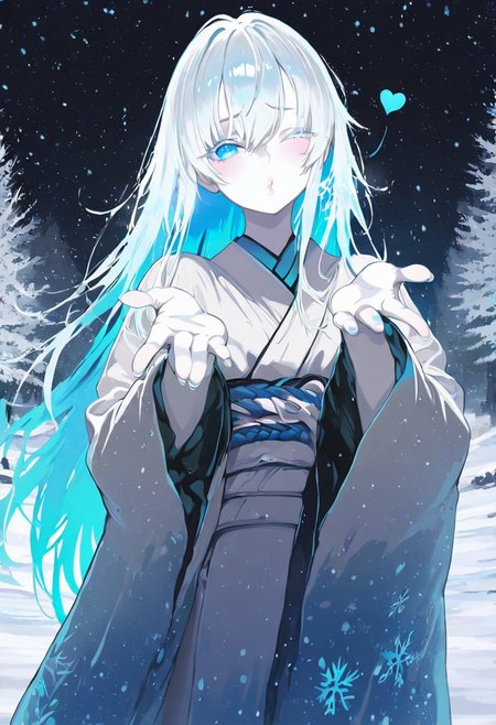 masterpiece, best quality, good quality, very awa, newest, highres, absurdres, 
1girl, solo, Yukinoshita Yukino, yuki onna, outdoors ,snow-covered forest, pale skin, detailed lips, glossy lips, long silver hair,bang cover eye, glowing blue eyes, white kimono, snowflakes swirling, wind lifting hair and fabric, icy breath ,blue glow,snow fall,slash,obi, blizzard,silhouette,<lora:blowing-kiss-illustriousxl-lora-nochekaiser:1>, blowing kiss, pucked lips, heart, one eye closed, o3o, looking at viewer, hand up
limited palette, h4ra_illu <lora:illustriousXL_stabilizer_v1.23:0.3> <lora:NOOB_vp1_detailer_by_volnovik_v1:0.3> <lora:ponyv6_noobE11_2_adamW-000017:0.3> <lora:114558v4df2fsdf5:0.7> <lora:XXX667:0.4> <lora:mon_monmon2133:0.7> <lora:hara_id_21:0.6>