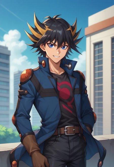 score_9, score_8_up, score_7_up, source_anime, highly detailed, 
yusei, 1boy, male focus, gloves, solo, multicolored hair, black hair, spiked hair, blue eyes, belt, brown gloves, streaked hair, jacket, shirt, open clothes, hair between eyes, open jacket, black shirt, closed mouth, print shirt, bangs, blue jacket, blonde hair, black pants, smile, grin,
outdoor, sky, buildings,