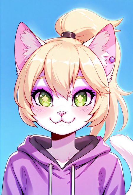 masterpiece, best quality, good quality, newest, highres, absurdres, cutie, portrait, looking at viewer, 
Alisa, 1girl, solo, furry female, cat girl, green eyes, eyeshadow, animal ears, cat tail, long hair, blonde hair, ponytail, animal nose, body fur, white fur, snout, blush,
purple hoodie, solid earrings, star \(symbol\), star-shaped pupils, symbol in eye, star in eye, :3,
colorful themes, high saturation, excitement mood, blue background, haiz_ai, no lineart, no outline, chwo,