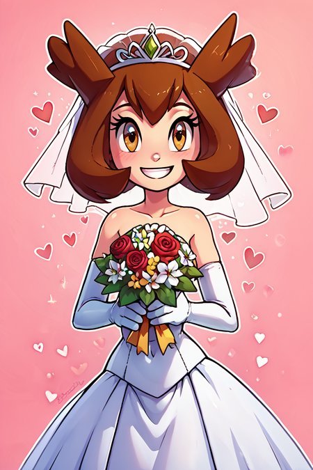 score_9, score_8_up, score_8, medium breasts, (curvy), cute, eyelashes,       BREAK, , zzBianca, brown hair, brown eyes, medium hair, hair between eyes,  <lora:Bianca_PokemonHeroes_PDXL_v2:0.7>,, BREAK, smile, looking at viewer,  bride, wedding dress, bridal veil, strapless dress, elbow gloves,  holding bouquet,  hearts, white outline, cowboy shot, embedding:zPDXL, Expressiveh, <lora:theOtherHalfPDXL:0.8>,  <lora:CatalystStylePDXL:0.6>,  <lora:SDXLFaeTastic2400:0.5>,  <lora:Expressive_H-000001:0.4>,