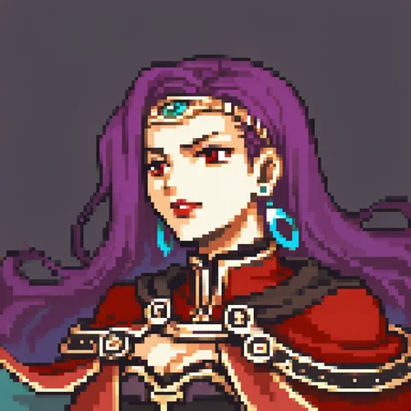 score_9, score_8_up, score_7_up, source_anime, 1girl, <lora:zs_FEGBAPortraitsXL:1> fegbaportraits, portrait, white background, <lora:sonya-pdxl-feg:1> mlsonog, capelet, circlet, cleavage, dangle earrings, long hair, purple hair, red dress, strapless dress, red lips, red eyes