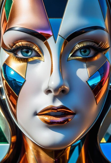Close-up, high quality, masterpiece, 8k, hdr, rgb, portrait, raw photo, (masterpiece, best quality, detail),
"Crystal Cubism: brilliant, shimmering splendor and the mask of the female form, a portrait of extraterrestrial beauty"
a variant of Cubism with an emphasis on clearer, crystalline forms and lighter colors, filled with glittery embellishments. The artwork should have a crystalline structure, vibrant colors and polished geometry. Emphasize transparent effects, refined abstraction and aesthetic clarity. The composition should have shimmering surfaces and graceful shapes. Celebrate features of artistic sophistication, harmonious balance and light-filled geometry. Incorporate elements of visual purity, subtle abstraction, decorative elements and subtle contrasts. The work of art should embody artistic elegance, geometric precision, ornamental beauty and crystallized imagery, capturing the essence of the glamorous and brilliant Cubist style.
Greg Rutkowski, Craig Davison, Jenny Saville, Bernie Wrightson, Frank Frazetta,