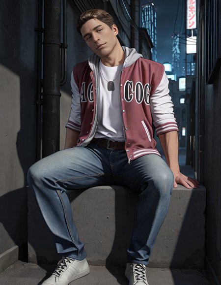 masterpiece, best quality, absurdres, newest, perfect quality, best quality, absolutely eye-catching, detailed background, intricate details, male focus, realistic, solo, <lora:Resident Evil - Samuel Jordan - Illustrious-000004:0.7>, resam, 1boy, mature male, no facial hair, short hair, brown hair, blue eyes, city, alley, night, two-tone hooded jacket, sleeves rolled up, white shirt, dog tags, belt, jeans, white shoesâââ, sitting, on wall, head tilt