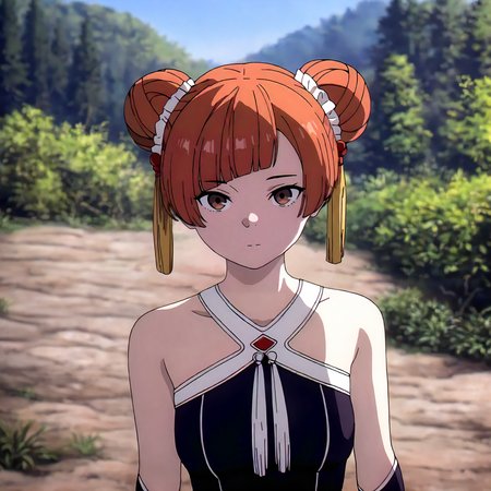 <lora:FBJE_LaufenXLIllustrious008>,
masterpiece,best quality,good quality,newest,
detailed background,nature,blue sky,glitter,
looking at viewer,
solo,
Laufen,1girl,brown hair,short hair,double bun,brown eyes,yellow hairornament,
black dress,bare shoulders,
upper body,
standing,