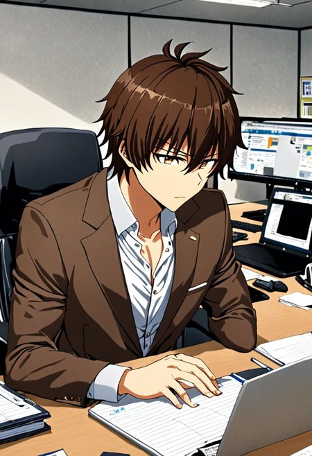 high resolution, solo, best quality, 1Boy, Seiya Kanie, Brownish Hair, suit, worklife, workspace, OverallDetail