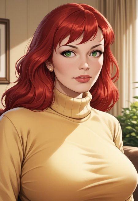 core_9, score_8_up, score_7_up, score_6_up,masterpiece, best quality, 1girl, MJ, red hair, green eyes,yellow sweater turtleneck,  ,zPDXL3, zPDXLxxx, <lora:easynegative:1>  solo, large breasts, portrait, living room background,