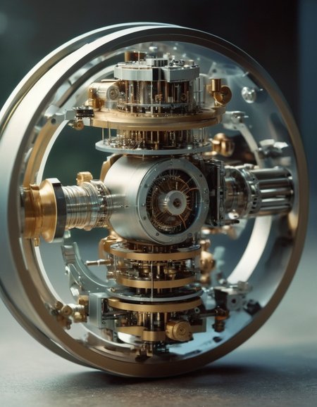 a circular mechanical metallic device floating, prettyish landscape, sideways, masterpiece, cinematic film still, 70mm, grandiose, matte, telephoto,  ,  <lora:super_16mm_film style:0.8> super_16mm_film style <lora:Isometric Cutaway:0.8> Isometric Cutaway page