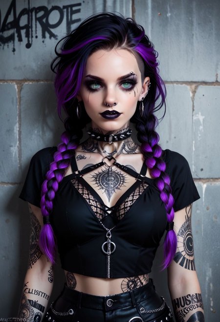 score_9, score_8_up, score_7_up, BREAK
Aesthetic: ((goth, dark, macabre, subculture, fashion, music):1.4) BREAK,
lighting: Chiaroscuro Lighting Style, detailed, clean, urban scenery, ink BREAK
Quality: intricate, highly detailed, sharp focus, realistic, 8k BREAK
Appearance: (22 years old), white girl, greek girl, green eyes, detailed eyes, perfect eyes, twin braids, violet hair, BREAK
(good quality:0.996), BREAK