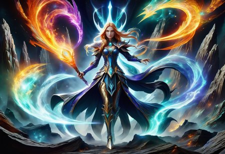 hyper detailed masterpiece, dynamic, awesome quality,  geological light DonMM4g1cXL magic, sorceress <lora:DonMM4g1cXL:1>