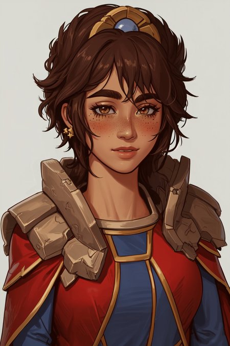 best quality, masterpiece, original, highres, illustration, best lighting and shadow, aesthetic wallpaper, amazing, beautiful, taliyah, 1girl, solo, dark skin, dark-skinned female, short hair, brown hair, thick eyebrows, brown eyes, freckles, extremely detailed and beautiful face, happy, sidelocks, photorealistic, (upper body), blush, head ornament, stone pauldrons, red cape, 
<lora:tali-20:0.5>