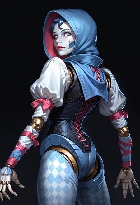 score_9,score_8_up,score_7_up,score_6_up,dark background,d0llf4ce,1girl,solo,robot,joints,hood,android,metal skin,mechanical legs,argyle pants,puffy sleeves,blue skin,grey skin,pink ribbon,blue sclera,medium breasts,pink eyes,humanoid robot,corset,looking at viewer,from side,standing,blue hair,from behind,<lora:MyTrainings\Temp\Apex\Ash_Dollface_Pony_ARZUMATA.safetensors:0.6>