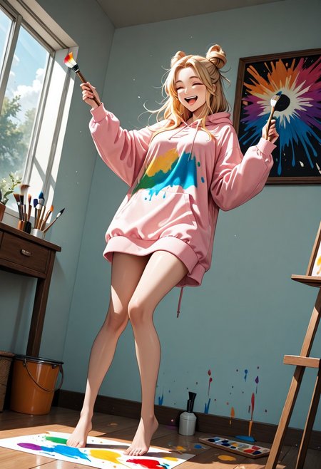 masterpiece, best quality, source_cartoon, 1girl, woman, Bunij, blonde hair, hair buns, brown eyes, large oversized hoodie, hoodie dress, bare legs, bare feet, happy, laughing, Expressiveh, holding paint brush, painting, colorfull paint everywhere, dynamic pose, dynamic angle, detailed background, empty room, white walls, colorfull paint splashes on walls, sunny day, highly detailed