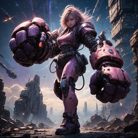 amazing quality, masterpiece, best quality, hyper detailed, ultra detailed, UHD, HDR, DOF, depth of field, perfect anatomy, sci-fi,
1girl, (purple hybrid pink:1.1) giant mechanical arms, fighting stance, fist, hand up,
glowing, shine, dazzling,( universe space:1.2),
<lora:cfc-giant-mechanical-arms:0.8>,
<lora:add-detail-xl:0.85>, 
<lora:EnvyBetterHiresFixXL01:1.0>, 
<lora:extremely_detailed:1.0>, extremely detailed,