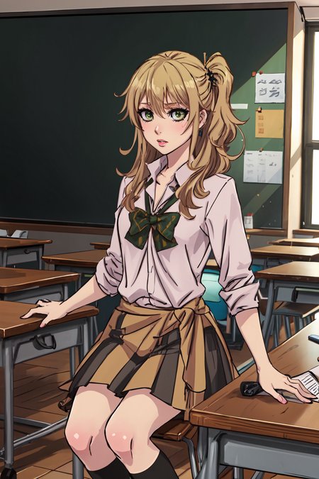 (masterpiece:1.2), ultra detailed, <lora:YuzuAihara:0.8>, Aihara, (gyaru school uniform:0.8), school, classroom, desk, chair, sitting,  best quality