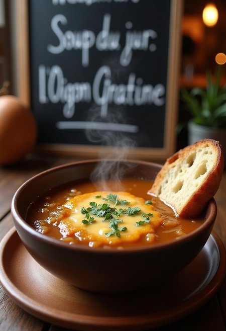 A bowl of rich onion soup, steaming, delicious looking brown broth, a thick layer of melted slightly broiled gruyere cheese on top, a beautifully toasted piece of bread on the right of bowl, a restaurant blackboard sign in the background reading "Soup du jour: Soupe à l'Oignon Gratinée" relaxing atmosphere,
Photorealistic, Highly detailed, masterpiece, 4k, high resulution, great lighting, depth of field,