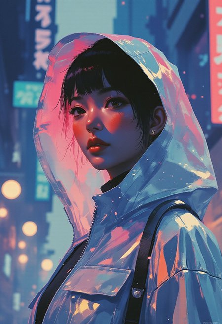 (Highly detailed, hyper-realistic, cinematic, dramatic style) photograph featuring a (Chinese woman) standing in a (futuristic urban setting). She wears a sleek, (reflective silver hooded jacket) that glows under ambient neon lighting, casting striking (pink and teal reflections) on her (dark skin). The hood is semi-transparent, with soft lighting from the neon outlining its edges, creating a (mysterious aura) around her face. The jacket's surface has a (metallic sheen), emphasizing the futuristic nature of her attire.
Her expression is intense and focused, conveying both confidence and contemplation, her eyes slightly hidden in the shadows of the hood, drawing the viewer into the scene. She stands tall with her arms relaxed at her sides, subtly framed by the glowing city lights in the background. The (neon-lit cityscape) blurs in the distance, with (vibrant colors) and sharp contrasts that create a striking visual against the (soft gradient of deep purple and blue tones).
Camera details: Leica M11, 50mm f/1.2 lens, shallow depth of field, soft bokeh effect around the subject, emphasizing her in the foreground while the background remains dramatic and blurred.
(8K resolution, masterpiece) with (intricate lighting effects, depth, and texture) highlighting both the reflective materials of her jacket and the ethereal ambiance of the futuristic environment.