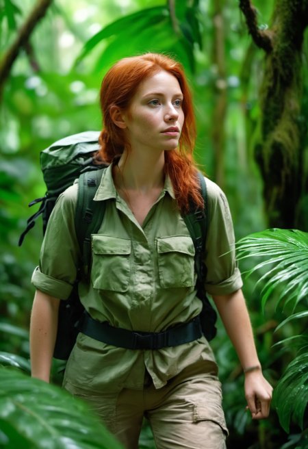 Lush rainforest expedition, 25yo woman, redhead, explorer attire, dense rainforest, midday, 4k, adventurous trek, green foliage, natural explorer, high-quality jungle scene, vibrant ecosystem, high-definition, exotic, serene nature, clear lighting, wild and untouched, adventurous, refreshing.