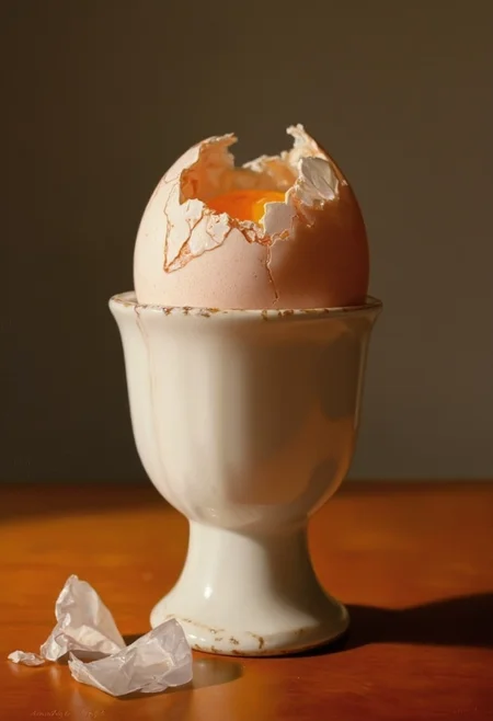 photorealistic painting of a boiled egg in an egg cup, cracked and partially peeled at the top, very detailed eggshell with pores, pieces of shell next to it. Egg cup made of porcellain, with slightly cracked surface, standing on a wooden table, soft warm light <lora:hyperrealism-000103:1>