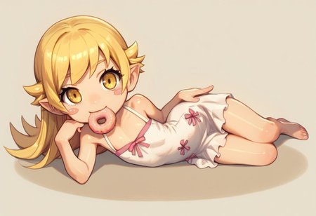 cute , Oshino_Shinobu , yellow_eyes, blonde_hair, long_hair, flat_chest, pointy_ears, blush_stickers, white_dress , Chibi , eating donut , full body , laying on side ,
zPDXL3 , score_9 , score_8 , score_7 , score_6_up , highly detailed , high quality , high res , masterpiece, quality highlights, 8k detail, ultra-detailed,