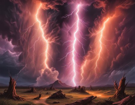 lightning strikes once, twice, this time maybe thrice. ominous bolts descend  the sky, landing to create a violent and beautiful electric glow. divine judgement to punish those in their cowardice