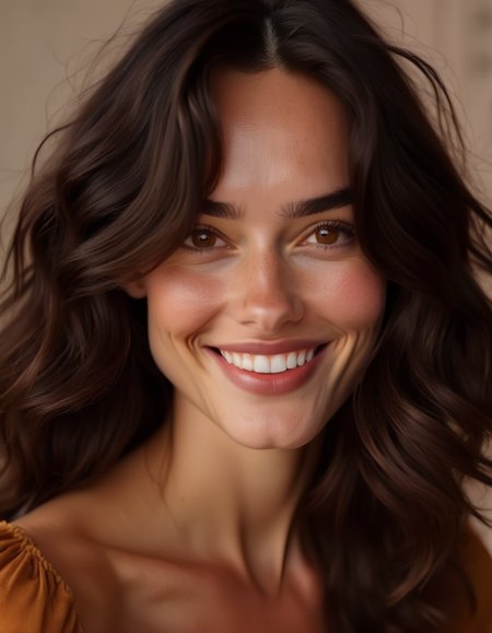 A close-up of a model with wavy, shoulder-length dark brown hair, her almond-shaped eyes brimming with emotion, and a soft, wistful smile on her face. <lora:usual-portrait-v2:1>