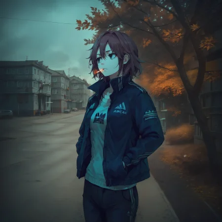score_9, score_8_up, score_7_up, source_anime, (animeirl), jacket, pants, adidas,1girl, young female, cigarette, thinking, outdoors, autumn,solo,  <lora:Animeirl v3 GLoRA PDXL Anzhc:1.1>,<lora:lowlight:0.7>, hands in pockets,