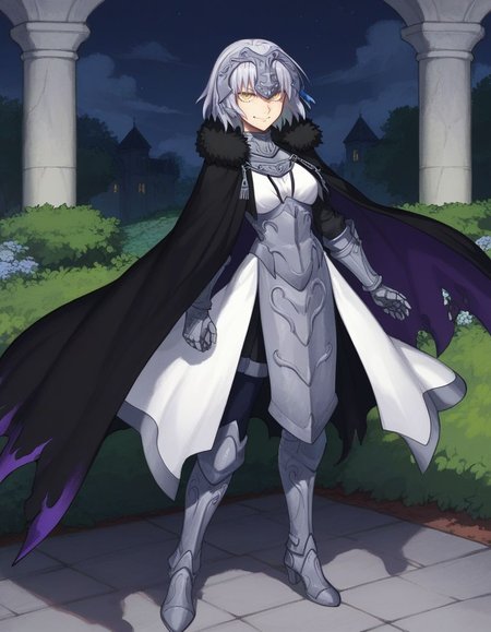 score_9, score_8_up, score_7_up, masterpiece, 
<lora:FSR:1>, light smile, 
fsr, 1girl,solo,breasts,looking at viewer,short hair,bangs,night, garden, seiza, medium breasts, closed mouth, yellow eyes, full body, grey hair, cape, armor, fur trim, chain, headpiece, armored dress, black cape, jeanne d'arc alter (fate), jeanne d'arc alter (avenger) (fate)