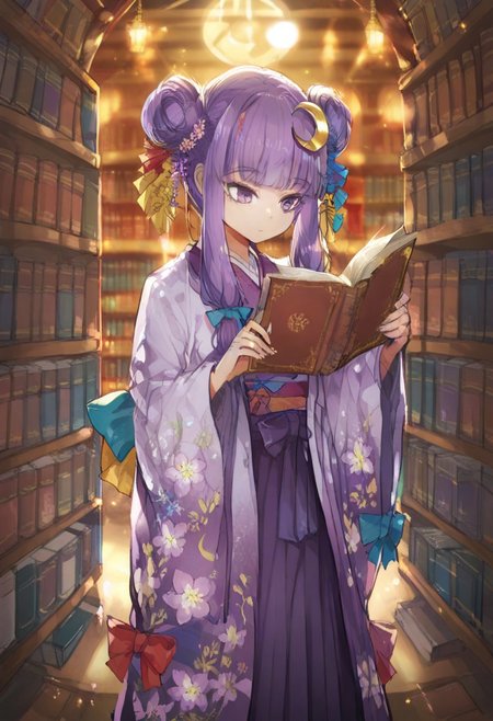 volumetric lighting, ambient occlusion, luminescent background, masterpiece, very awa,library,indoors, a girl reading, beam of light, light through window,depth of field 
BREAK
 patchouli knowledge, 1girl, solo, purple eyes, purple hair, long hair, sidelocks,, patchouli knowledge \(great library at the hieda residence\), alternate costume, no headwear, hair bun, double bun, hair ornament, blue bow, yellow bow, red bow, aqua bow, crescent hair ornament, purple kimono, floral print, long sleeves, wide sleeves, yellow obiage, purple obi, hakama skirt,holding book,