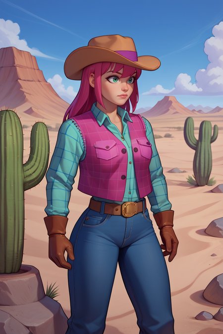 score_9, score_8_up, score_7_up, BREAK,1girl, solo, <lora:princessrobotbubblegum-guy-PONYv1:.9>, DEFprincessrobotbubblegum, cowboy hat, vest, long sleeves, gloves, belt, sand, desert, cactus, rock, flannel, plaid,