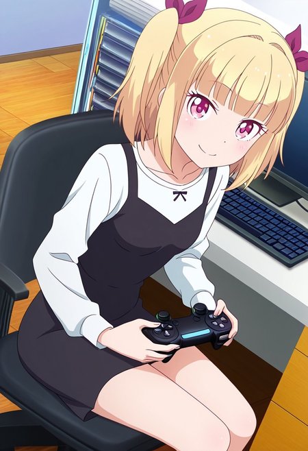 general,highres, ultra-detailed,very aesthetic,best quality ,best hands,best eyes,easynegative,
dynamic anglre, dutch angle, anime cloring,anime screencap,
1girl solo,looking at viewer,office, computer, game controller, smile,sitting on chair, 
Yun IIJIMA,blonde_hair, long_hair, short_twintails,purple_eyes, small breasts,white shirt, black dress,