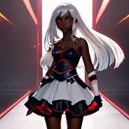 1girl, 3d, black background, cinematic lighting, dark skin, dress, fingerless gloves, gloves, hair ornament, long hair,  red eyes, sandals, simple background, skirt, solo, white gloves, white hair <lora:aidma-Image Upgrader-v0.1:1>  perfect hands <lora:MHXL_Scrantelly_Slimjane:1>  <lora:Chiaroscuro Lighting Style v3:1>