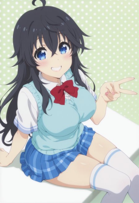 anime screencap, anime coloring,  <lora:DX888Ako:1> tamaki ako, blue eyes, black hair, very long hair, hair between eyes, ahoge, BREAK  school uniform, sweater vest, white shirt,  red bowtie, plaid skirt, blue skirt, thighhighs, BREAK simple background, green background,  polka dot background, BREAK   1girl, blush, breasts, grin, gyaru v,  looking at viewer, sitting, solo, thighs, v, arm support, (from above:1.2), (from side:0.9)