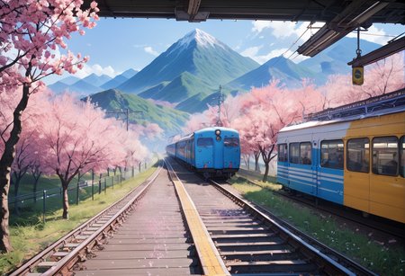 ,ruanyi0802,train station,cherry blossoms,blue sky,mountain,<lora:802 Sakura Train Station_v1_pony:1>, score_9,score_8_up,score_7_up,,8k,1girl,solo,,