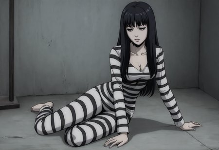 tomietomie, solo, alone, long hair, black hair, grey eyes, prison clothes, high quality, sensual, full body, empty room, cleavage